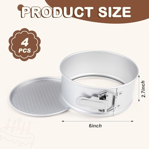 4 Pcs 6 Inch Non Stick Springform Pan with Removable Bottom Carbon Steel Round Springform Cheesecake Pan with Stainless Steel Spring Buckles for Baking Kitchens Restaurant (4 Count)