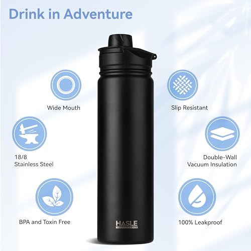 Insulated Water Bottle 22 oz Double Wall Stainless Steel Water Bottle Wide Mouth with Straw Lid & Spout Lid Keeps Cold or Hot
