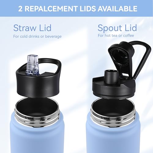 Insulated Water Bottle 22 oz Double Wall Stainless Steel Water Bottle Wide Mouth with Straw Lid & Spout Lid Keeps Cold or Hot