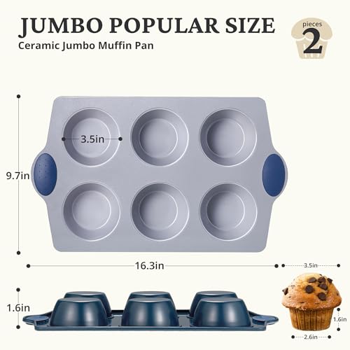 2-Pack 6-Cup Non Toxic Nonstick Ceramic Jumbo Muffin Pan & Cupcake Tin, PFOA & PFOA Free, Rust-Resistant Aluminized Steel, Oven Safe, Blue (2 Count)