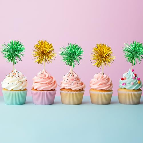 30Pcs Foil Firework Cupcake Toppers Sparkle Tinsel Cake Toppers Tinsel Drink Cake Decoration Cocktail Picks for Birthday Wedding Graduation Party Supplies Gold Green (30 Count)