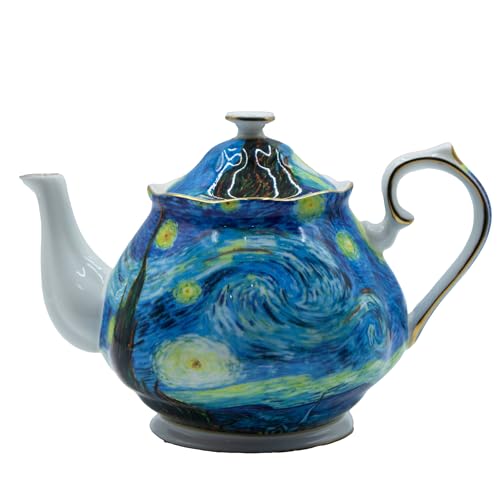 Teapot 30 oz Vangogh Paintings Bone China Loose Tea Pot Floral Design Vintage Ceramic Coffee Water Pot European Style Porcelain (30 Ounce)