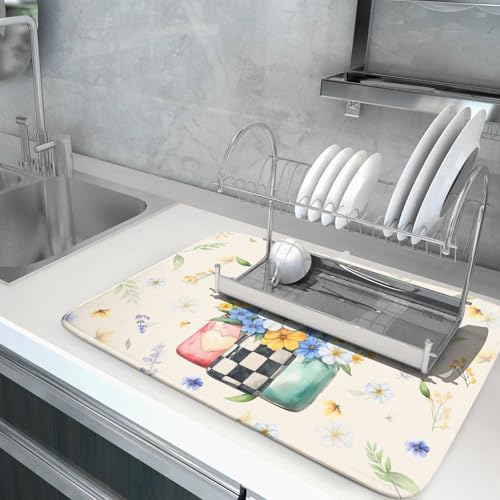 Spring Flower Vases Dish Drying Mat for Countertop