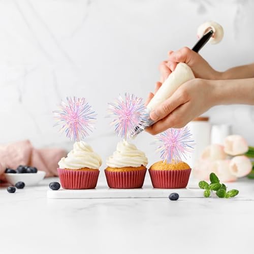 30Pcs Foil Firework Cupcake Toppers Sparkle Tinsel Cake Toppers Tinsel Drink Cake Decoration Cocktail Picks for Birthday Wedding Graduation Party Supplies Laser Pink (30 Count)