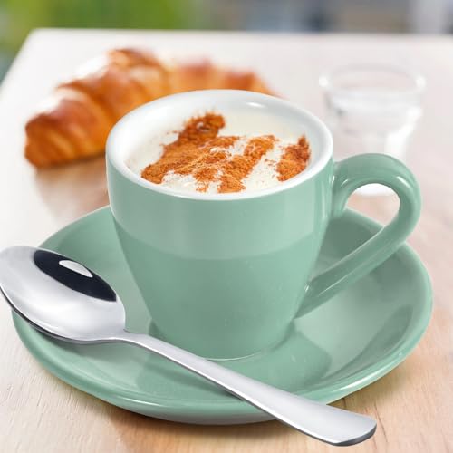 Porcelain Espresso Shot Cup Set with Saucers and Stainless Steel Spoons (4 Count)
