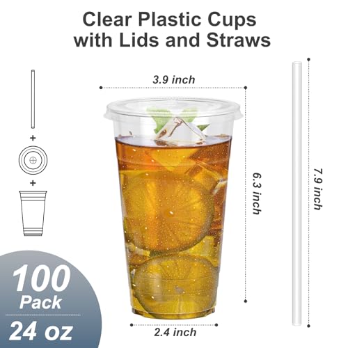 100 Pack 24 oz Clear Plastic Cups with Lids and Straws (100 Count)