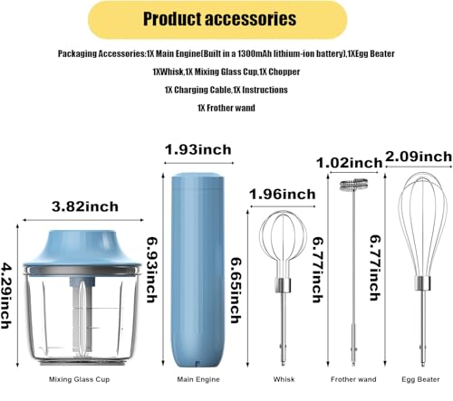 4-in-1 Electric Hand Mixer, Electric Whisk, Mini Onion Chopper 10Oz, Small Cordless Hand Blender, Milk Frother Wand for Coffee, Matcha, 4 Speed Rechargeable Food Processor for Baby Food Maker