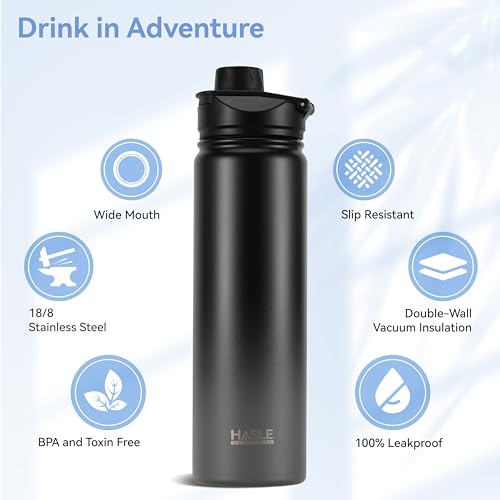 Insulated Water Bottle 22 oz Double Wall Stainless Steel Water Bottle Wide Mouth with Straw Lid & Spout Lid Keeps Cold or Hot