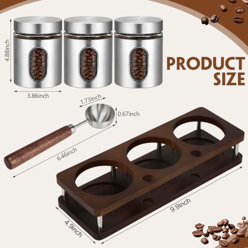 Stainless Steel Coffee Grounds Canisters with Shelf 3 x 20oz Sugar Coffee Bean Storage Container with Airtight Threaded Lid Glass Window Scoop Kitchen Jar Set for Bar Creamer Nut Tea (3 Count)