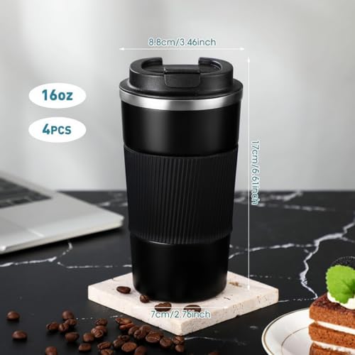 4 Pack 16 oz Bulk Travel Coffee Mug with Lid Reusable Vacuum Insulated Coffee Tumbler Double Wall Thermal Stainless Steel Camping Tea Cup for Christmas Winter Drinks Employee Gift (4 Count)