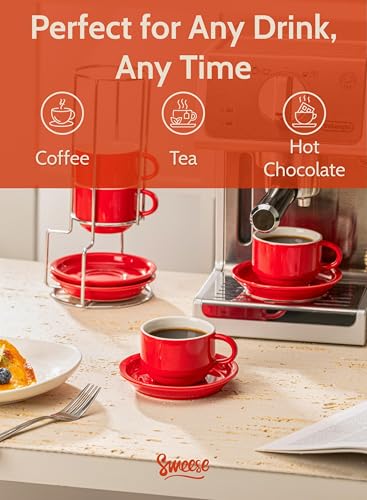 8 Ounce Porcelain Stackable Cappuccino Cups with Saucers and Metal Stand