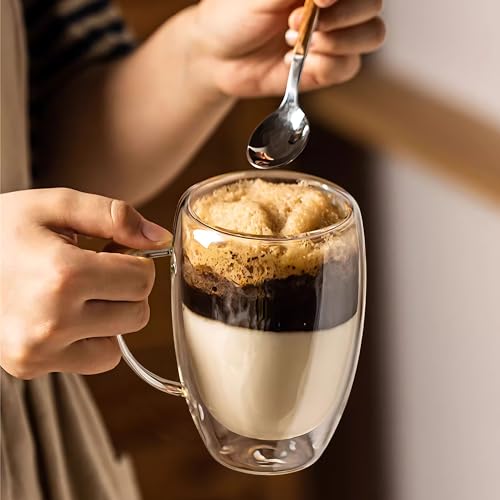 Set of 2 Double Walled Glass Coffee Mugs 16 Ounces Insulated Layer Coffee Cups with Handle Borosilicate Glass Espresso Cup for Hot Beverage (2 Count)