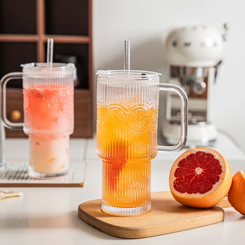 24 oz Ribbed & Floral Glass Tumblers with Handle