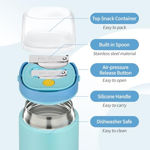 2-in-1 Thermos for Hot Food with Snack Box Container - 20oz Stainless Steel Insulated Food Container with Handle and Spoon, Leak Proof Bento Box Kids Adult for School Lunch Office, Blue