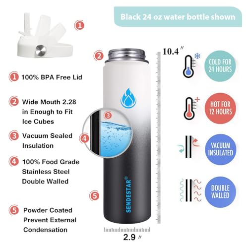 Stainless Steel Wide Mouth Water Bottle 24oz Double Wall Vacuum Insulated Leak Proof Bottle with New Flex Straw Lid & Spout Lid