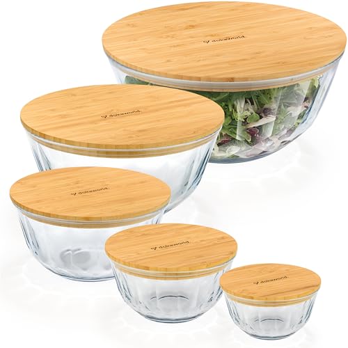 Large Stackable Glass Mixing Bowls with Bamboo Lids Set of 5