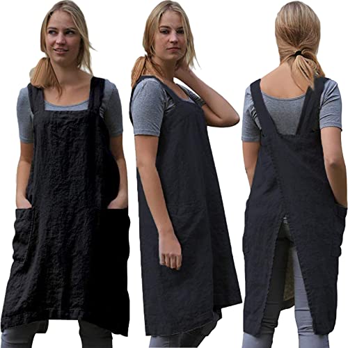 Pinafore Cross Back Apron for Women with Pockets