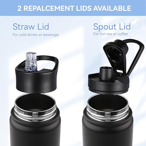 Insulated Water Bottle 22 oz Double Wall Stainless Steel Water Bottle Wide Mouth with Straw Lid & Spout Lid Keeps Cold or Hot