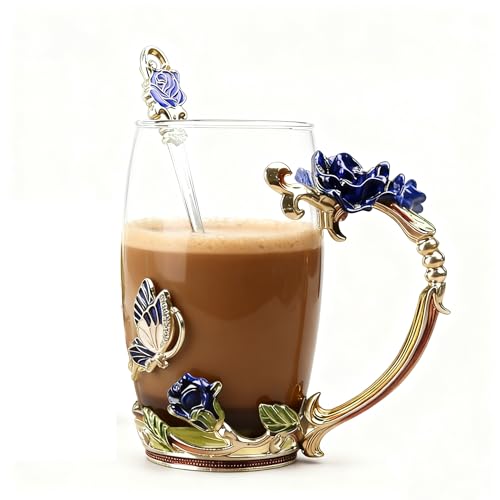 Gifts for Mom Women Unique Blue Tea Mug With Spoon Set & Flower Decoration