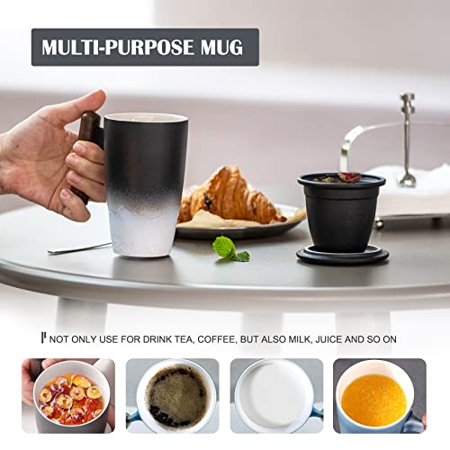 Tomotime Ceramic Tea Cup with Infuser and Lid Tea Mugs Wooden Handle 400ml