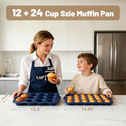 2 Pack Silicone Muffin Pan 12 & 24 with Frame Non Stick Cupcake Baking Tin (2 Count)