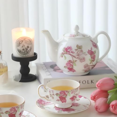 Fine Bone China Elizabeth Rose Teapot and Set of 2 Teacups & Saucers