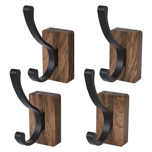 4 PCS Black Walnut Wood Wall Hooks Adhesive Mounted & Wall Mounted Rustic Decorative Entryway Hooks Mid Century Modern Natural Wooden Pegs for Hanging Coat Clothes Hat Bag Purse and Towel (4 Count)