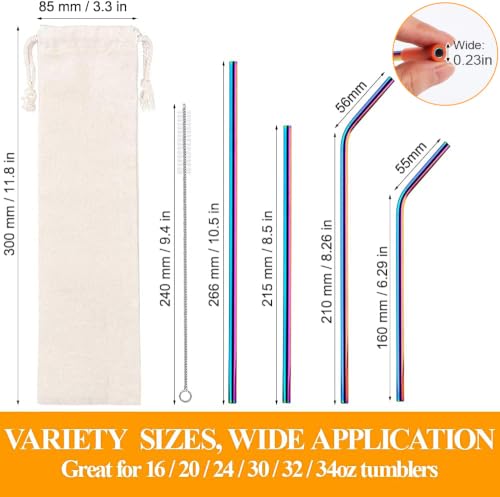 16 Pcs Metal Straw Reusable 8.5" 10.5" 6mm Stainless Steel Straws for Tumblers 20oz