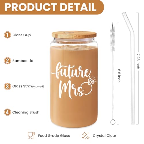 Future Mrs Glass Coffee Cup 16 Oz with Bamboo Lid and Straw