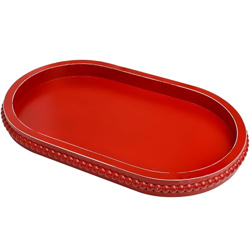 Red Oval Wood Decorative Ottoman Tray for Coffee Table