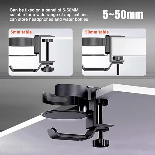 Aluminum Under Desk Cup Holder with Headphone Hook & Cable Clip