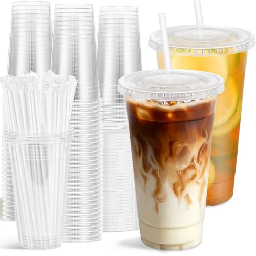 100 Pack 24 oz Clear Plastic Cups with Lids and Straws Disposable (100 Count)