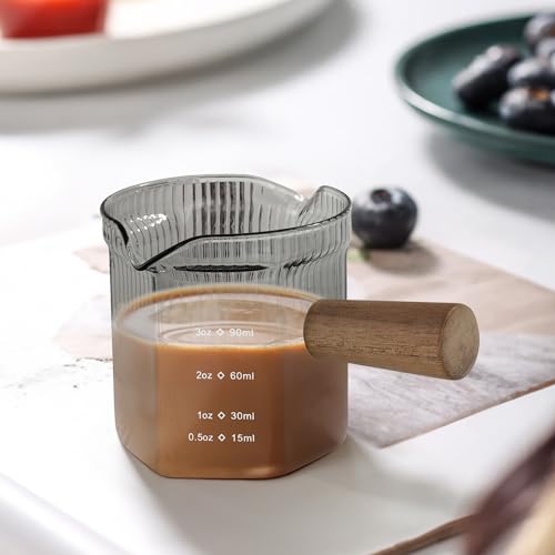 4 oz Grey Double Spouts Measuring Triple Pitcher Milk Cup with Wood Handle (4 Ounce)