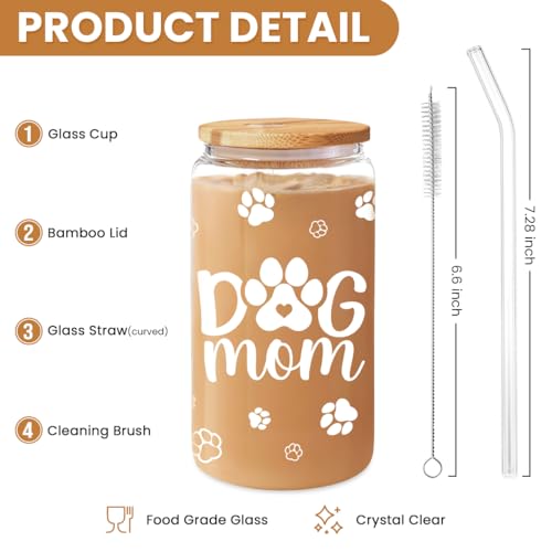 Dog Mom Cup 16 Oz Can Glass Coffee Mug with Bamboo Lid & Straw