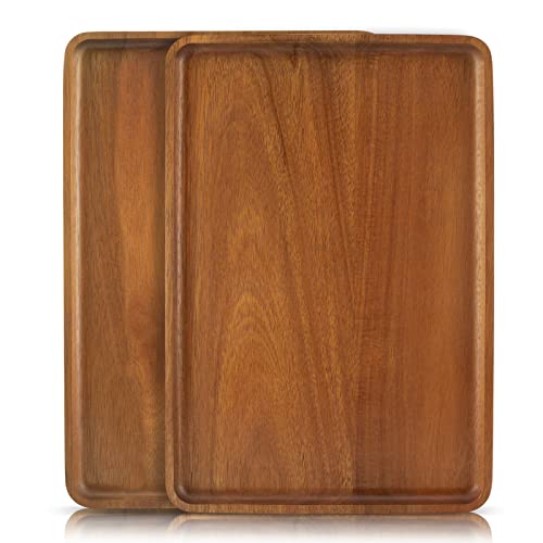 2 PCS 13 x 9 in Solid Acacia Wood Serving Trays Rectangular Wooden Serving Platters Natural Wooden Boards for Bar Coffee Party (2 Count)