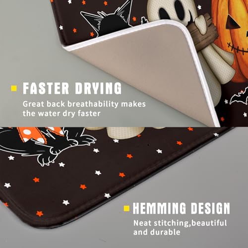 16"x18" Halloween Dish Drying Mat Spooky Pumpkin Ghost Black Cat Bats Kitchen Drainer Mats Holiday Gothic Reversible Microfiber Dish Drying Pad Small Size for Countertop Tabletop Decor