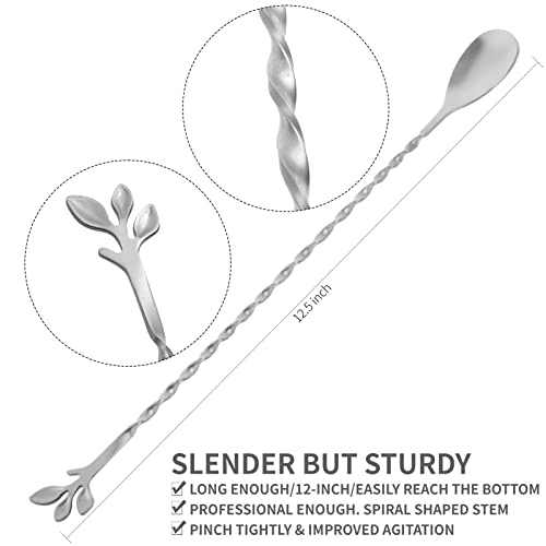 Silver 12 Inch Stainless Steel Cocktail Spoon with Leaf Handle