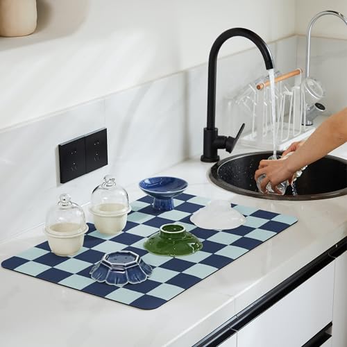 Navy Blue Checkered Dish Drying Mat for Kitchen Counter