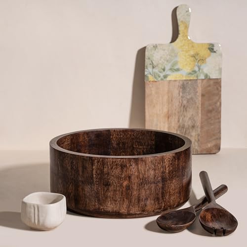12" Dark Burnt Wooden Salad Bowl Set with Serving Utensils Eco