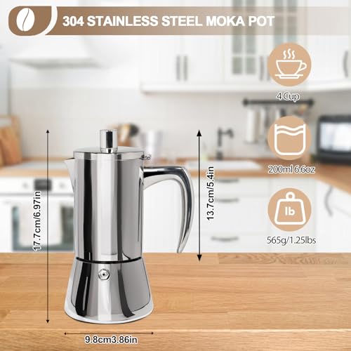 304 Thickened Stainless Steel Uncoated 4 Cup Moka Pot Coffee Maker