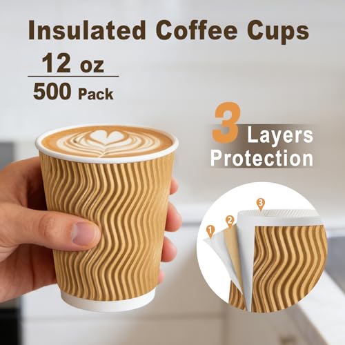 500 Pack 12oz Insulated Disposable Paper Coffee Cups Champagne (500 Count)
