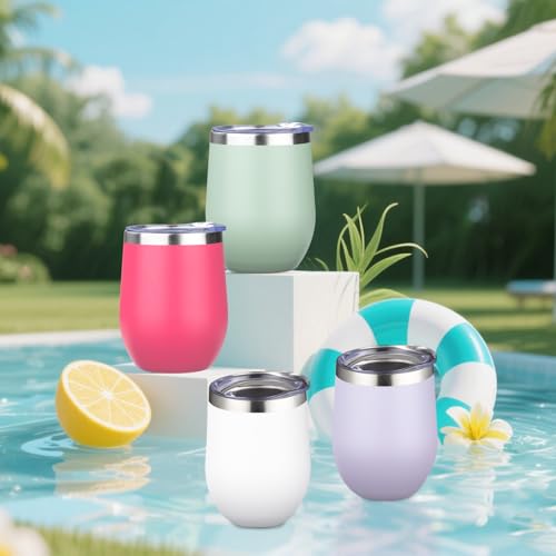 12oz 4 Pack Wine Tumbler Glasses with Lid Stemless Double Wall Vacuum Stainless Steel Travel Tumbler Keeping Cold & Hot for Wine (4 Count)