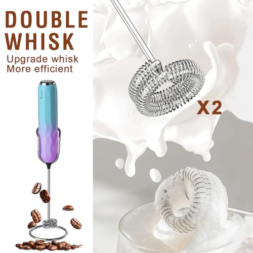 Ultra Fast Handheld Milk Frother Double Whisk with Stand 2 Batteries Stainless Steel for Lattes Cappuccino Matcha Hot Chocolate Coffee Bar Accessories Kitchen Gadgets Gift