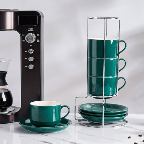8 Ounce Stackable Cappuccino Cups with Saucers and Metal Stand (4 Count)