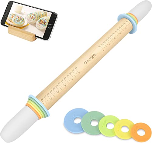 Adjustable Wood Rolling Pin with 5 Thickness Rings