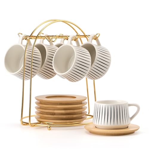 Ceramic Coffee Espresso Cups with Saucers Set with Metal Holder (7.6 Count)
