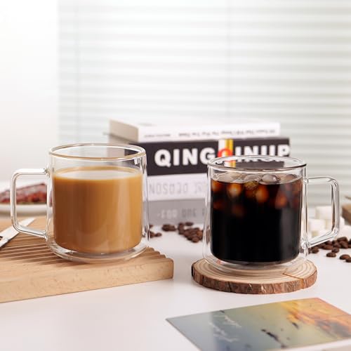 15oz(4-pack) Double Walled Glass Coffee Mugs,Large Insulated Glass Mugs with Handle,Clear Coffee Cups for Espresso,Latte,Cappuccino,Tea (4 Count)