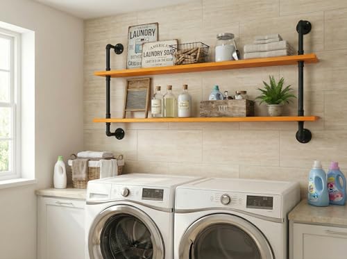 Industrial Pipe Shelving Shelf Rustic Wood Wall Shelves Industrial Floating Shelves for Wall 48 Inch Farmhouse Bookshelf Pipe Shelves Living Room Kitchen