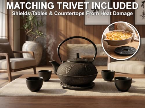 85 Oz XXL Black Bamboo Cast Iron Teapot