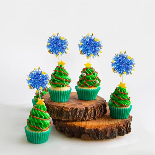 30Pcs Foil Firework Cupcake Toppers Firework Cake Toppers Tinsel Flower Drink Stirrers Cocktail Food Fruit Toothpicks for Valentine's Day Party Decorations Blue (30 Count)